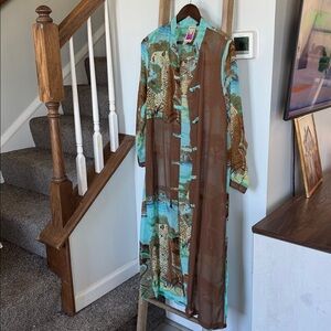 Original Anthony Turquoise and Brown Sheer Shirt Dress